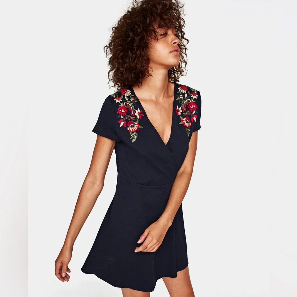 ZARA Womens Dress Size Small Navy Blue Knit Floral Embroidered Faux Wrap